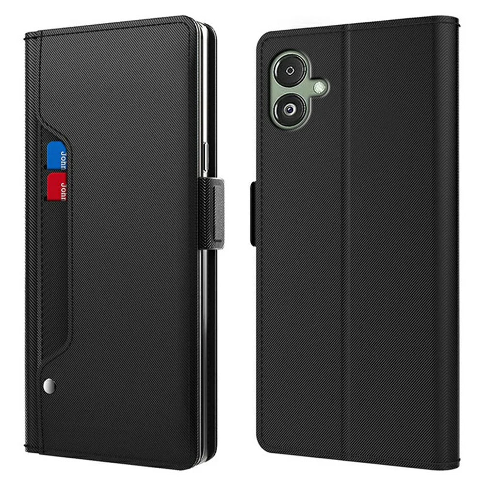 For Samsung Galaxy A08 5G / A08 4G / A07 4G Case Stand PU Leather Phone Cover Card Holder Mirror - Black - 1