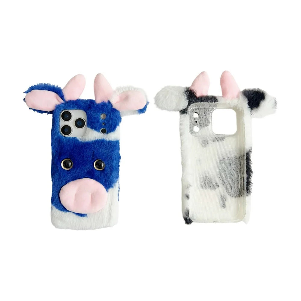 For iPhone 17 Pro Case Fluffy Cute Cow Winter Plush Inner TPU Phone Cover - Blue - 2