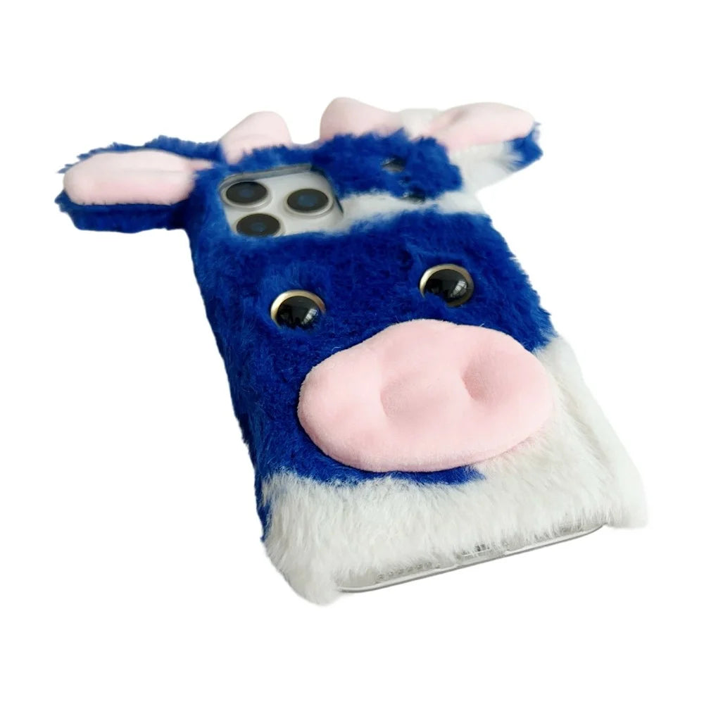 For iPhone 17 Pro Case Fluffy Cute Cow Winter Plush Inner TPU Phone Cover - Blue - 4