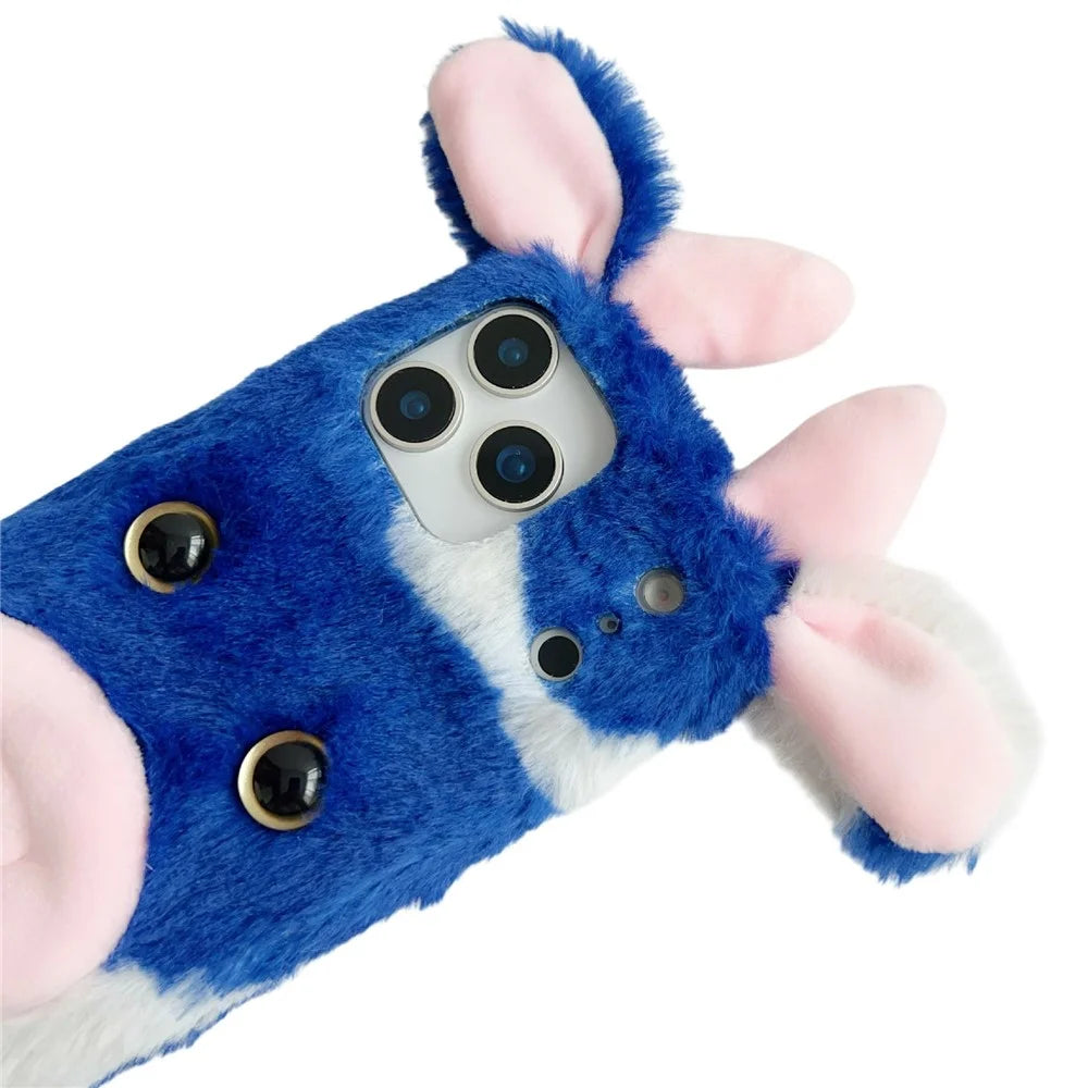 For iPhone 17 Pro Case Fluffy Cute Cow Winter Plush Inner TPU Phone Cover - Blue - 7