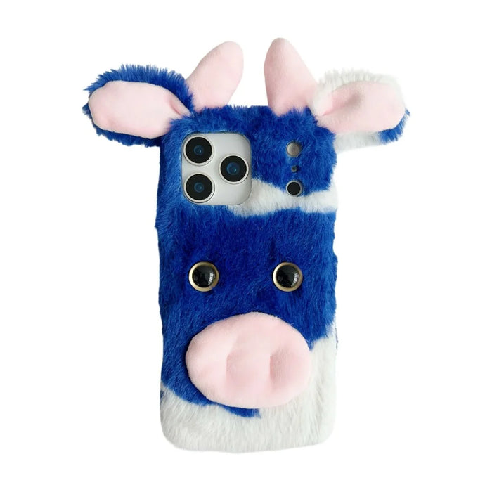 For iPhone 17 Pro Max Case Fluffy Cute Cow Winter Plush Inner TPU Phone Cover - Blue - 1
