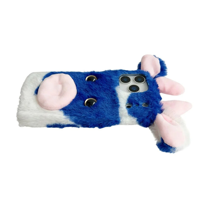 For iPhone 17 Pro Max Case Fluffy Cute Cow Winter Plush Inner TPU Phone Cover - Blue - 3