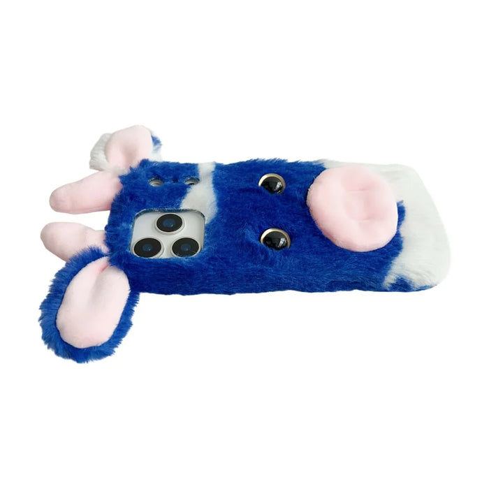 For iPhone 17 Pro Max Case Fluffy Cute Cow Winter Plush Inner TPU Phone Cover - Blue - 5
