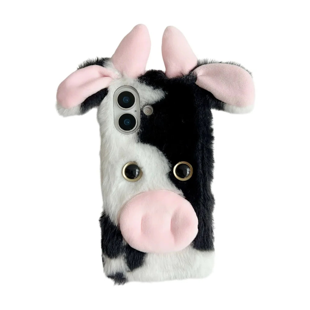 For iPhone 17 Case Fluffy Cute Cow Winter Plush Inner TPU Phone Cover - Black - 1