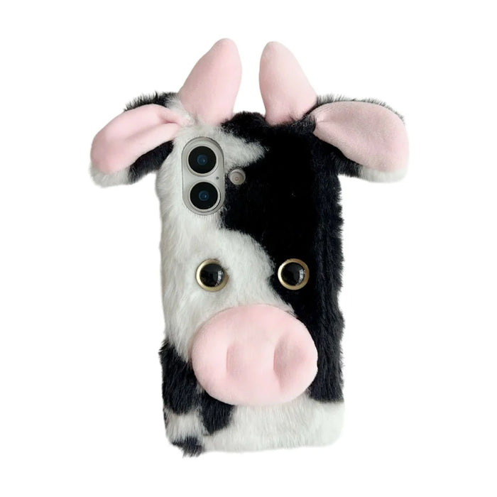 For iPhone 17 Case Fluffy Cute Cow Winter Plush Inner TPU Phone Cover - Black - 1
