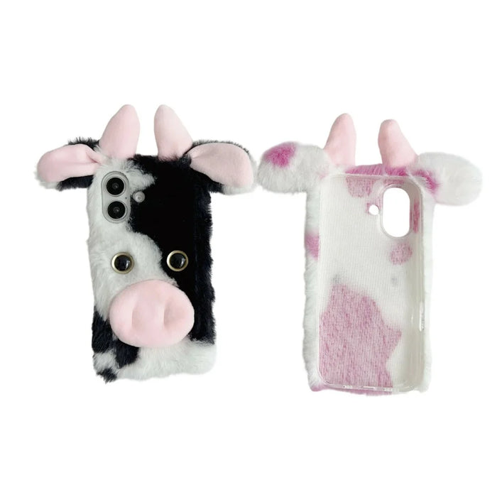 For iPhone 17 Case Fluffy Cute Cow Winter Plush Inner TPU Phone Cover - Black - 2