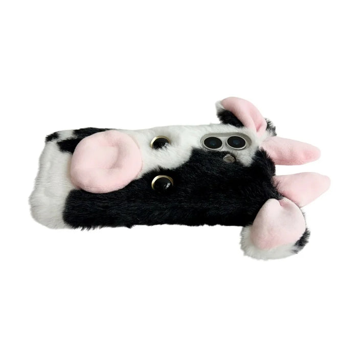 For iPhone 17 Case Fluffy Cute Cow Winter Plush Inner TPU Phone Cover - Black - 3