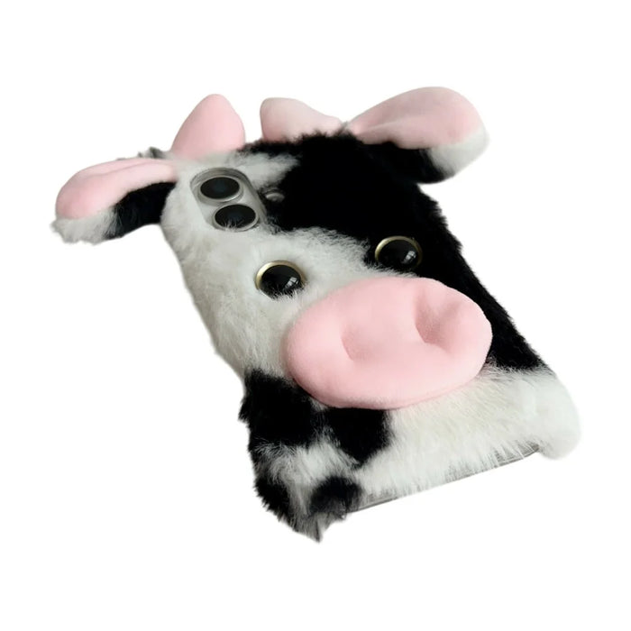 For iPhone 17 Case Fluffy Cute Cow Winter Plush Inner TPU Phone Cover - Black - 4