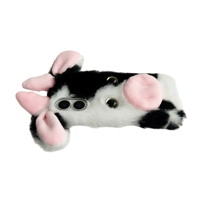 For iPhone 17 Case Fluffy Cute Cow Winter Plush Inner TPU Phone Cover - Black - 5
