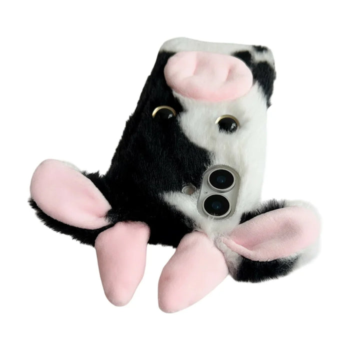 For iPhone 17 Case Fluffy Cute Cow Winter Plush Inner TPU Phone Cover - Black - 6