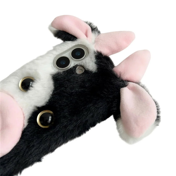 For iPhone 17 Case Fluffy Cute Cow Winter Plush Inner TPU Phone Cover - Black - 7