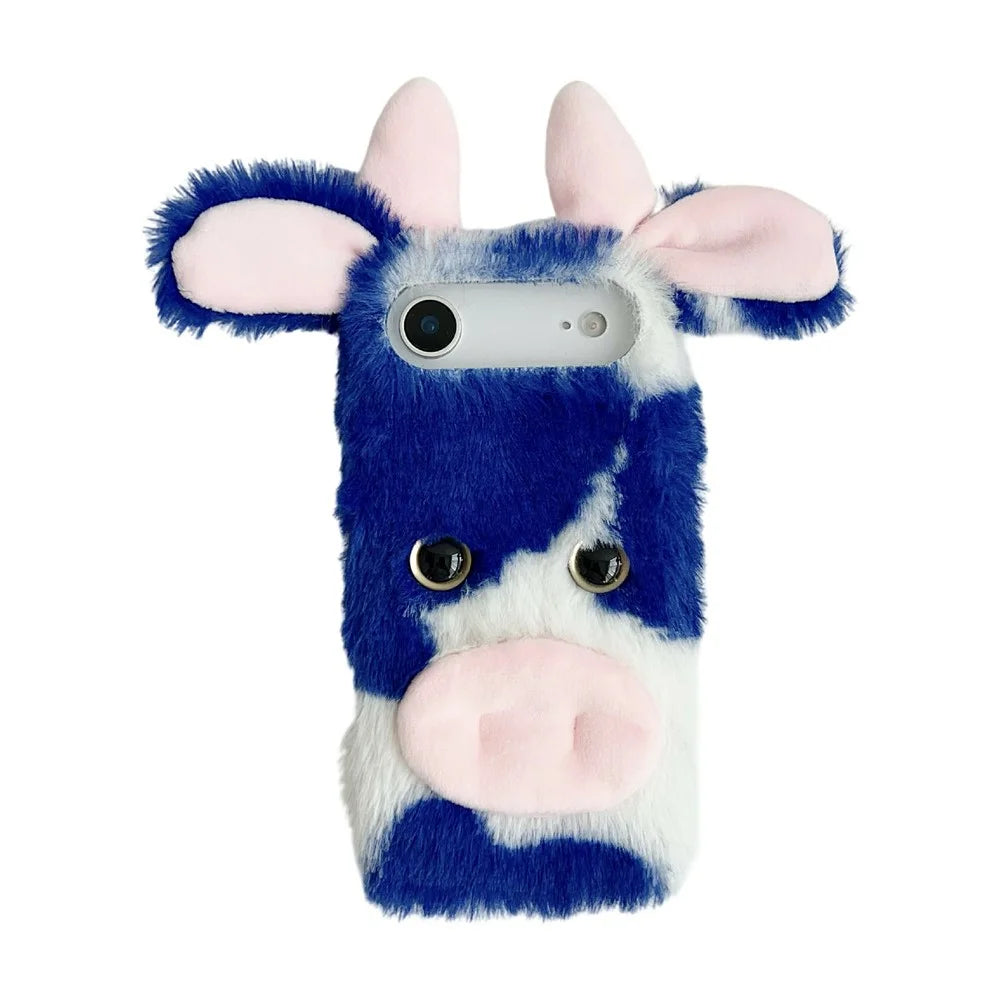 For iPhone Air Case Fluffy Cute Cow Winter Plush Inner TPU Phone Cover - Blue - 1