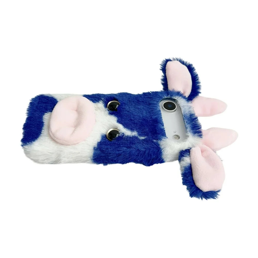 For iPhone Air Case Fluffy Cute Cow Winter Plush Inner TPU Phone Cover - Blue - 2
