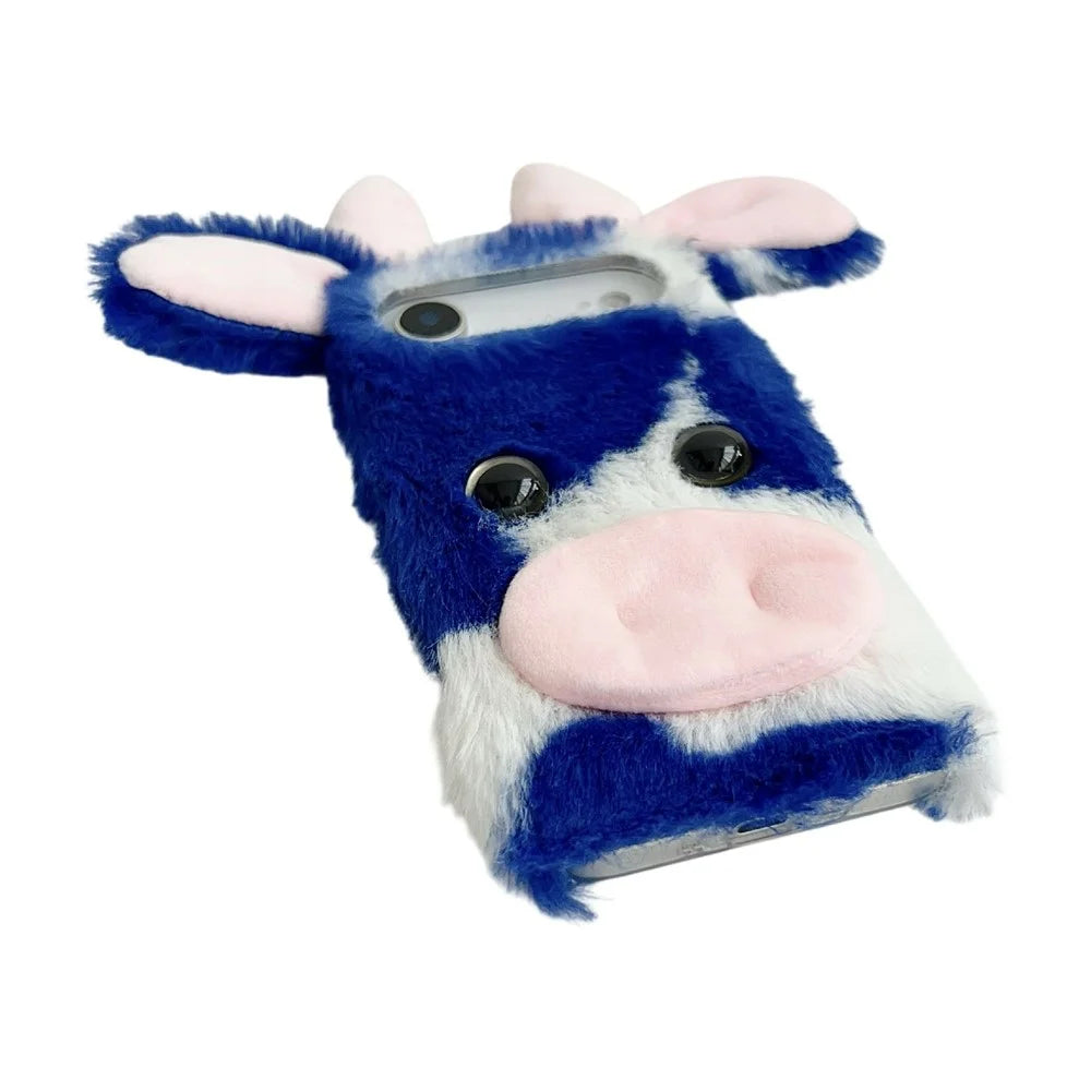 For iPhone Air Case Fluffy Cute Cow Winter Plush Inner TPU Phone Cover - Blue - 3