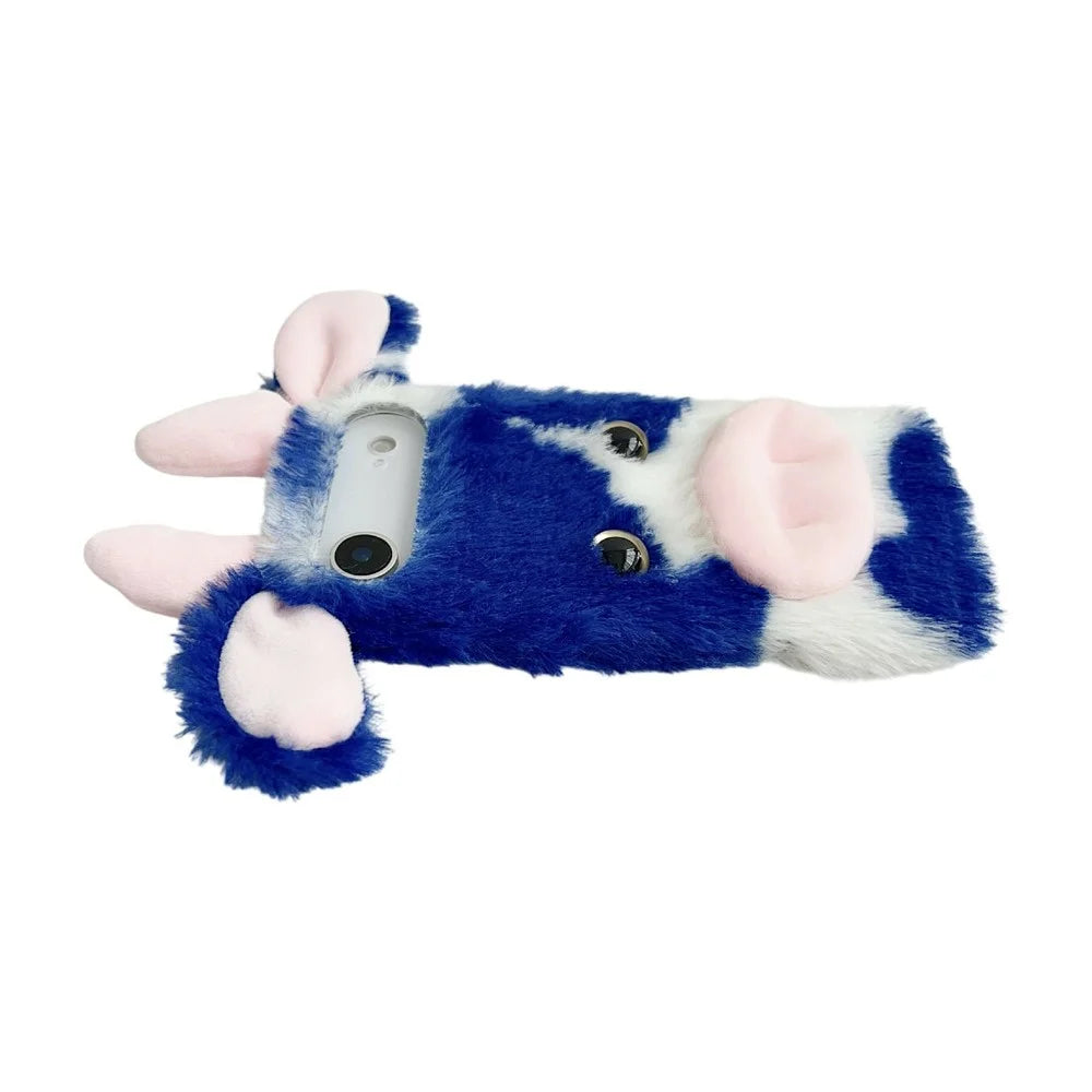For iPhone Air Case Fluffy Cute Cow Winter Plush Inner TPU Phone Cover - Blue - 4