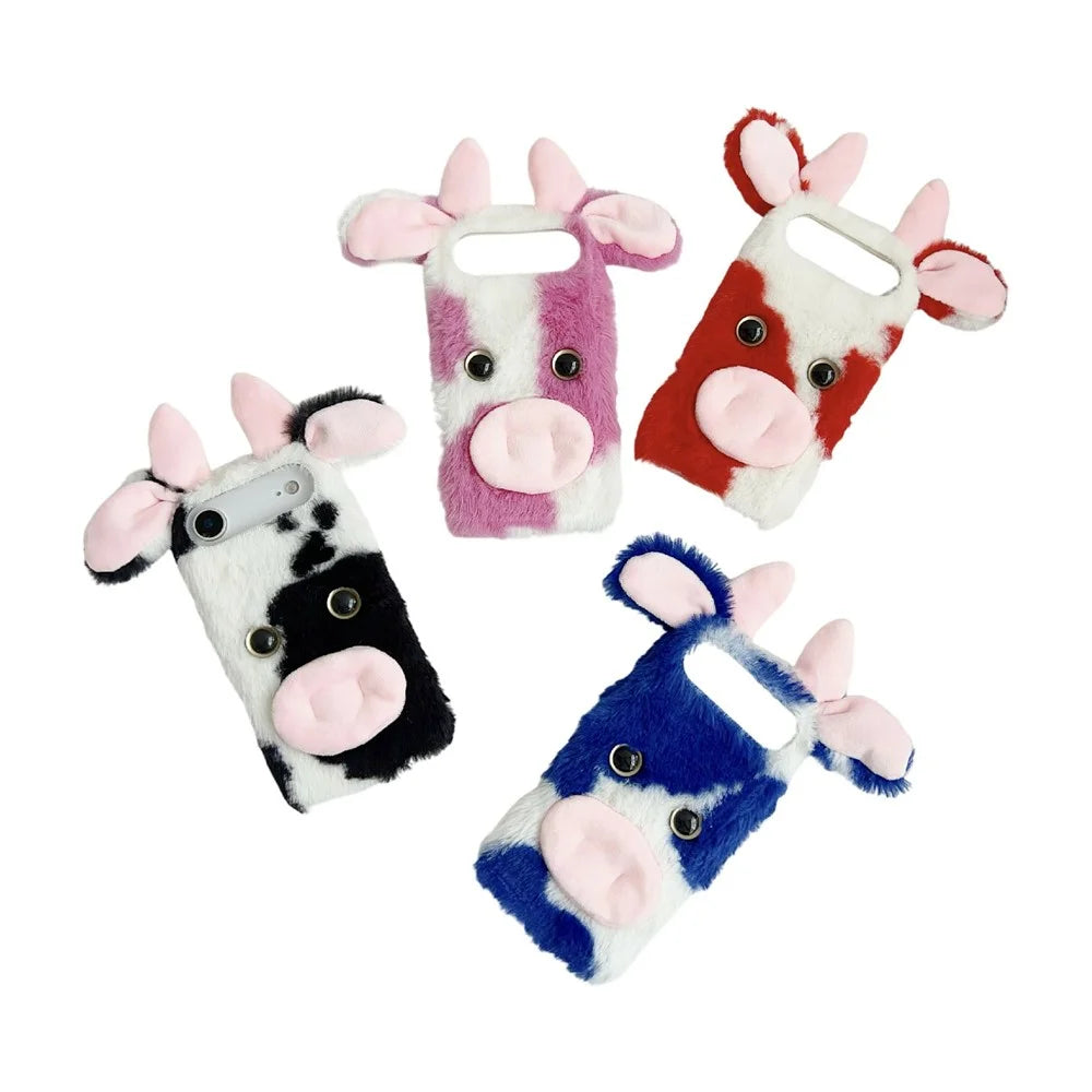 For iPhone Air Case Fluffy Cute Cow Winter Plush Inner TPU Phone Cover - Blue - 7