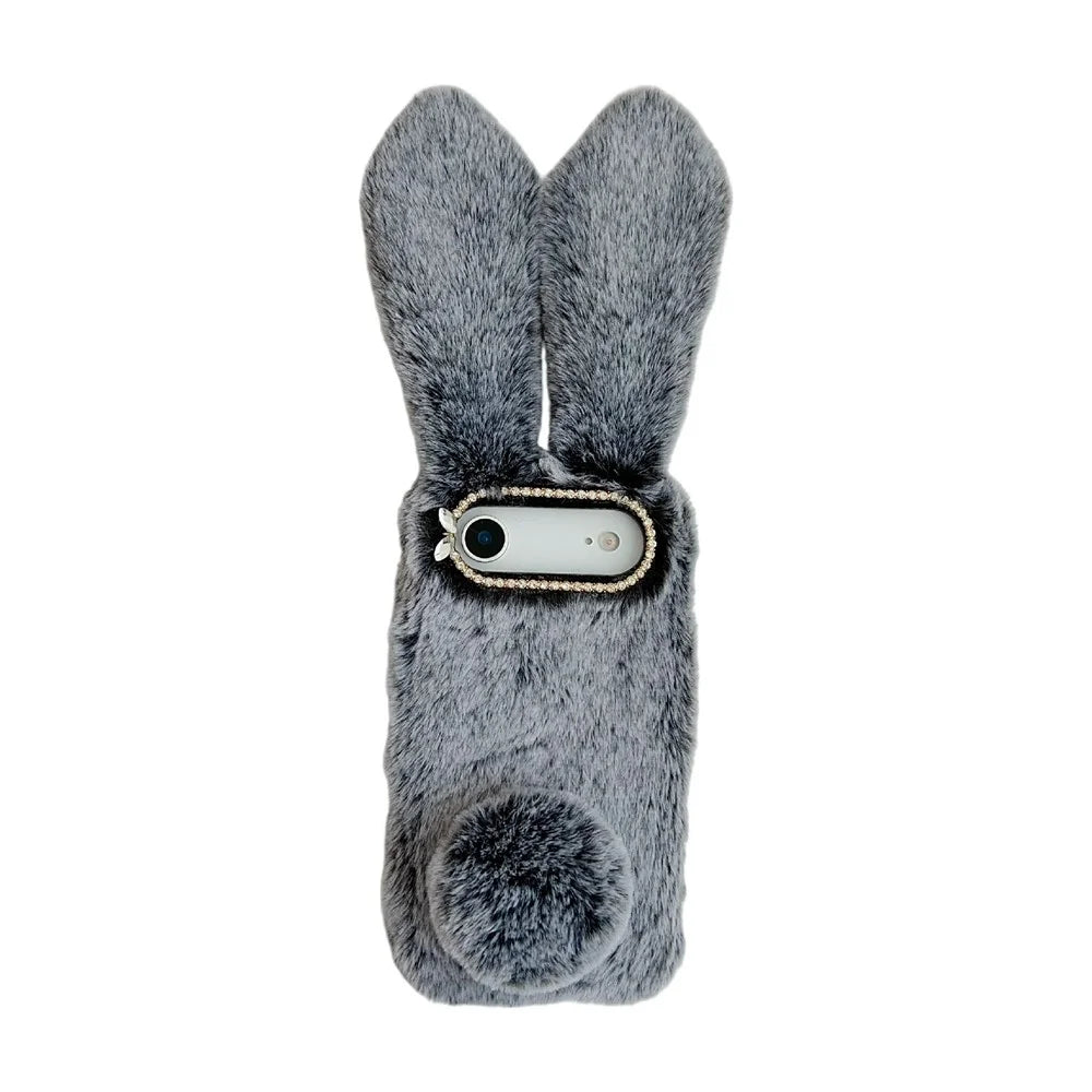 For iPhone Air Case Plush Cute Bunny Winter Fluffy TPU Phone Cover - Dark Grey - 1