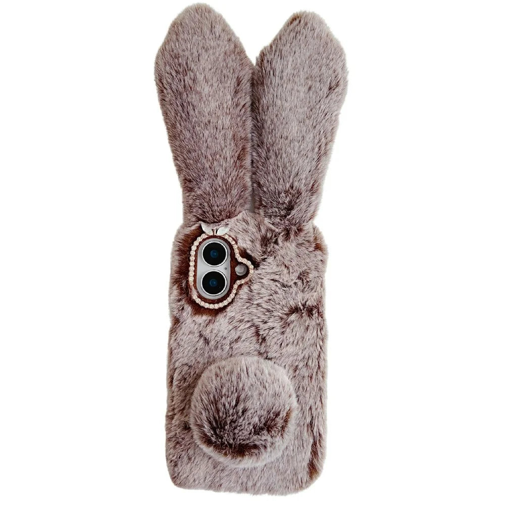 For iPhone 17 Case Plush Cute Bunny Winter Fluffy TPU Phone Cover - Brown - 1