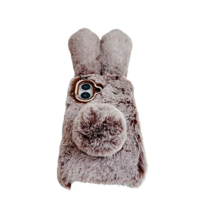 For iPhone 17 Case Plush Cute Bunny Winter Fluffy TPU Phone Cover - Brown - 3