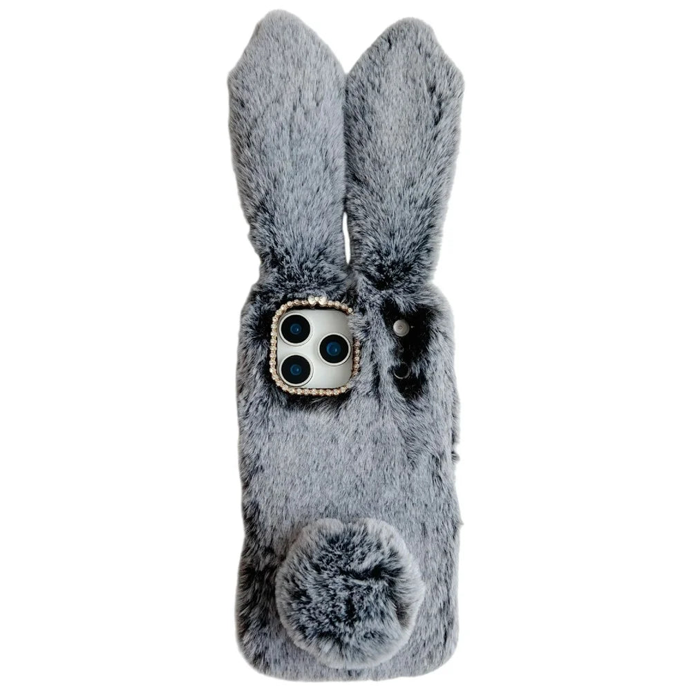 For iPhone 17 Pro Max Case Plush Cute Bunny Winter Fluffy TPU Phone Cover - Dark Grey - 1