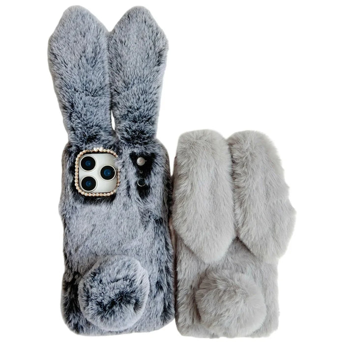 For iPhone 17 Pro Max Case Plush Cute Bunny Winter Fluffy TPU Phone Cover - Dark Grey - 3