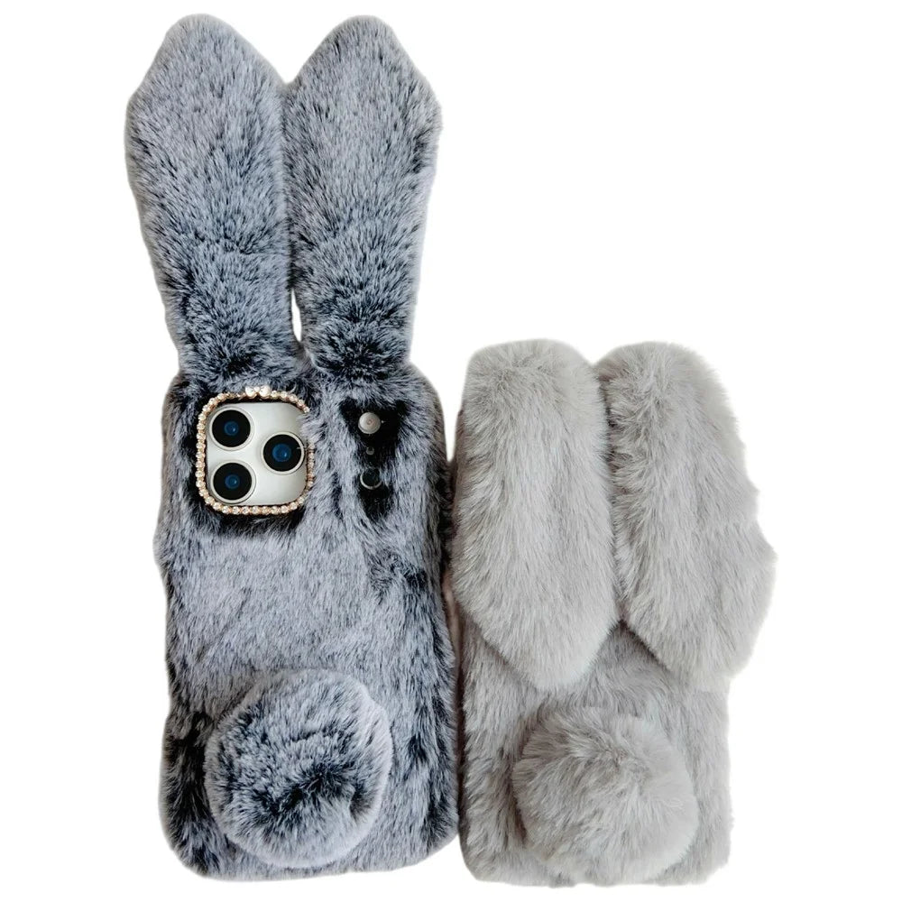 For iPhone 17 Pro Case Plush Cute Bunny Winter Fluffy TPU Phone Cover - Dark Grey - 3