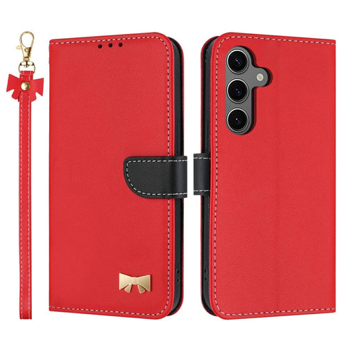 For Samsung Galaxy S25 FE Case Bowknot Decor Wallet Leather Phone Cover with Wrist Strap - Red - 1