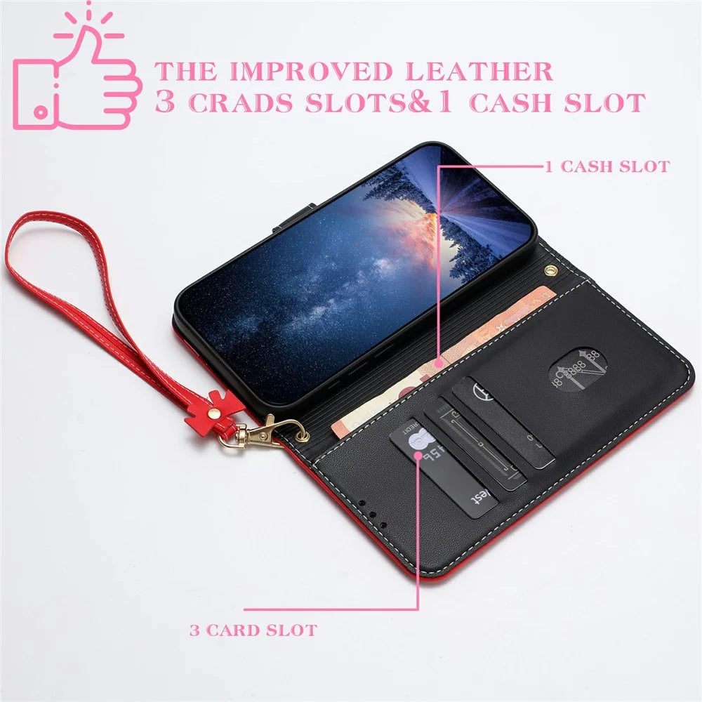 For Samsung Galaxy S25 FE Case Bowknot Decor Wallet Leather Phone Cover with Wrist Strap - Red - 3