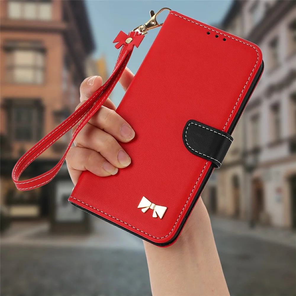 For Samsung Galaxy S25 FE Case Bowknot Decor Wallet Leather Phone Cover with Wrist Strap - Red - 5