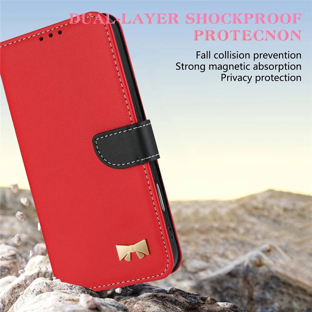 For Samsung Galaxy S25 FE Case Bowknot Decor Wallet Leather Phone Cover with Wrist Strap - Red - 6
