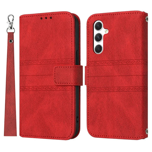 For Samsung Galaxy S25 FE Case Wallet Skin-Touch Leather Imprinted Phone Cover with Wrist Strap - Red - 1