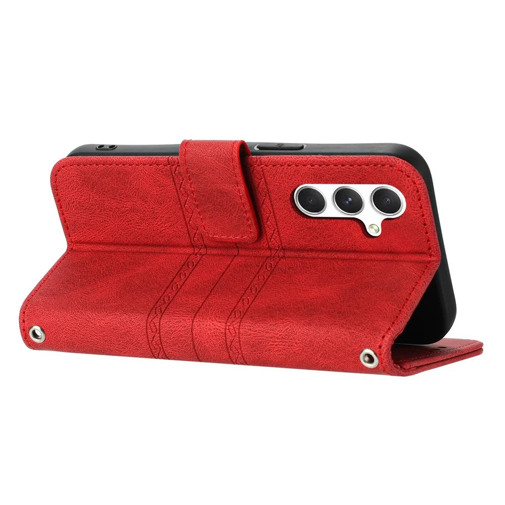 For Samsung Galaxy S25 FE Case Wallet Skin-Touch Leather Imprinted Phone Cover with Wrist Strap - Red - 3