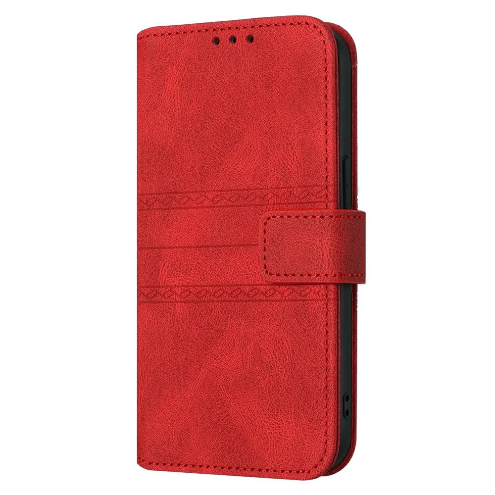For Samsung Galaxy S25 FE Case Wallet Skin-Touch Leather Imprinted Phone Cover with Wrist Strap - Red - 7