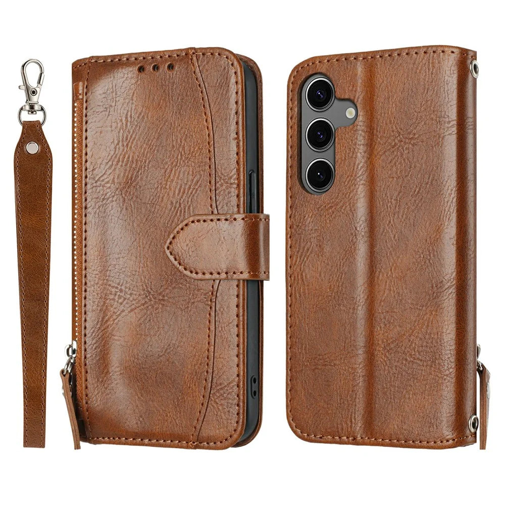 For Samsung Galaxy S25 FE Case Zipper Pocket Wallet Leather Phone Cover with Wrist Strap - Brown - 1