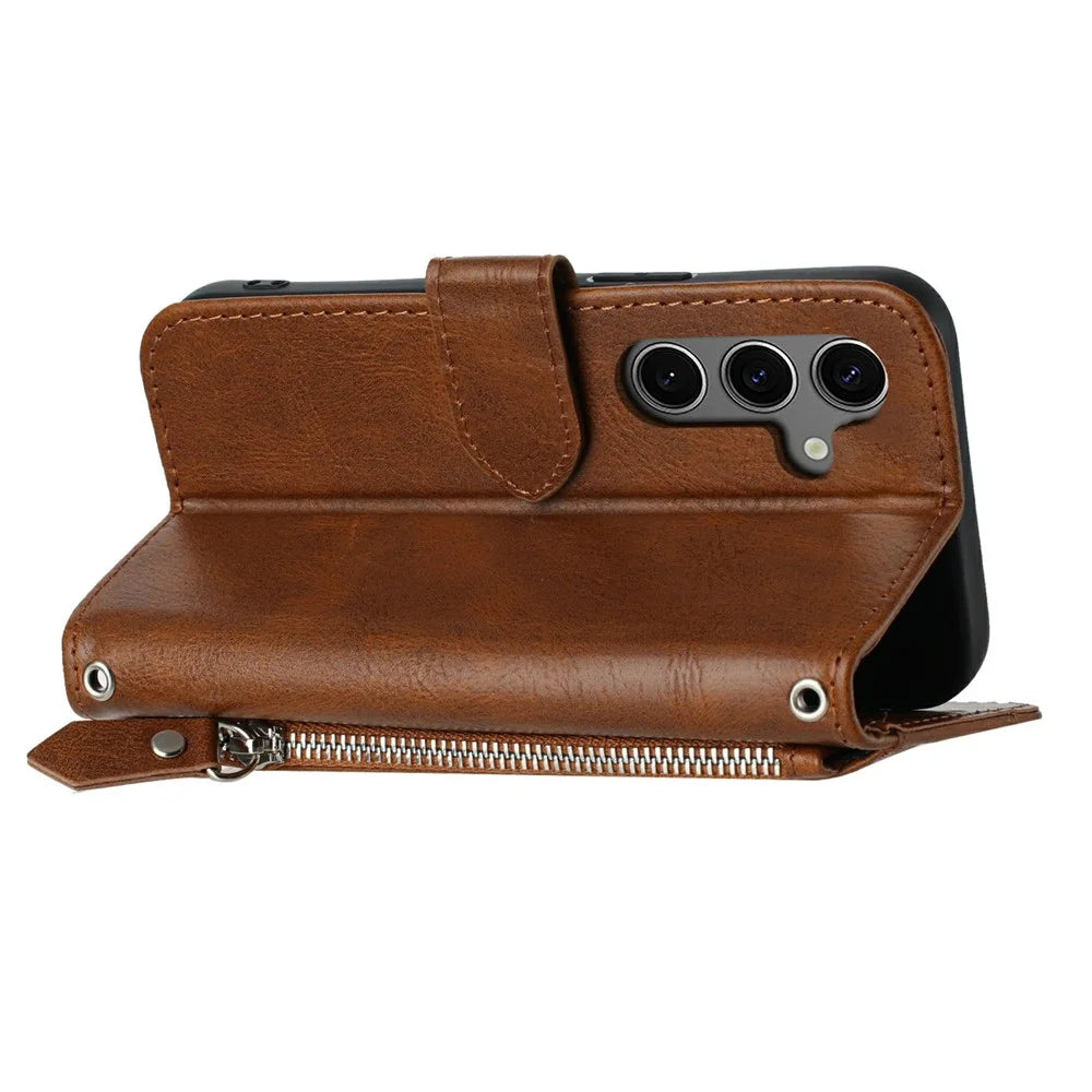 For Samsung Galaxy S25 FE Case Zipper Pocket Wallet Leather Phone Cover with Wrist Strap - Brown - 3