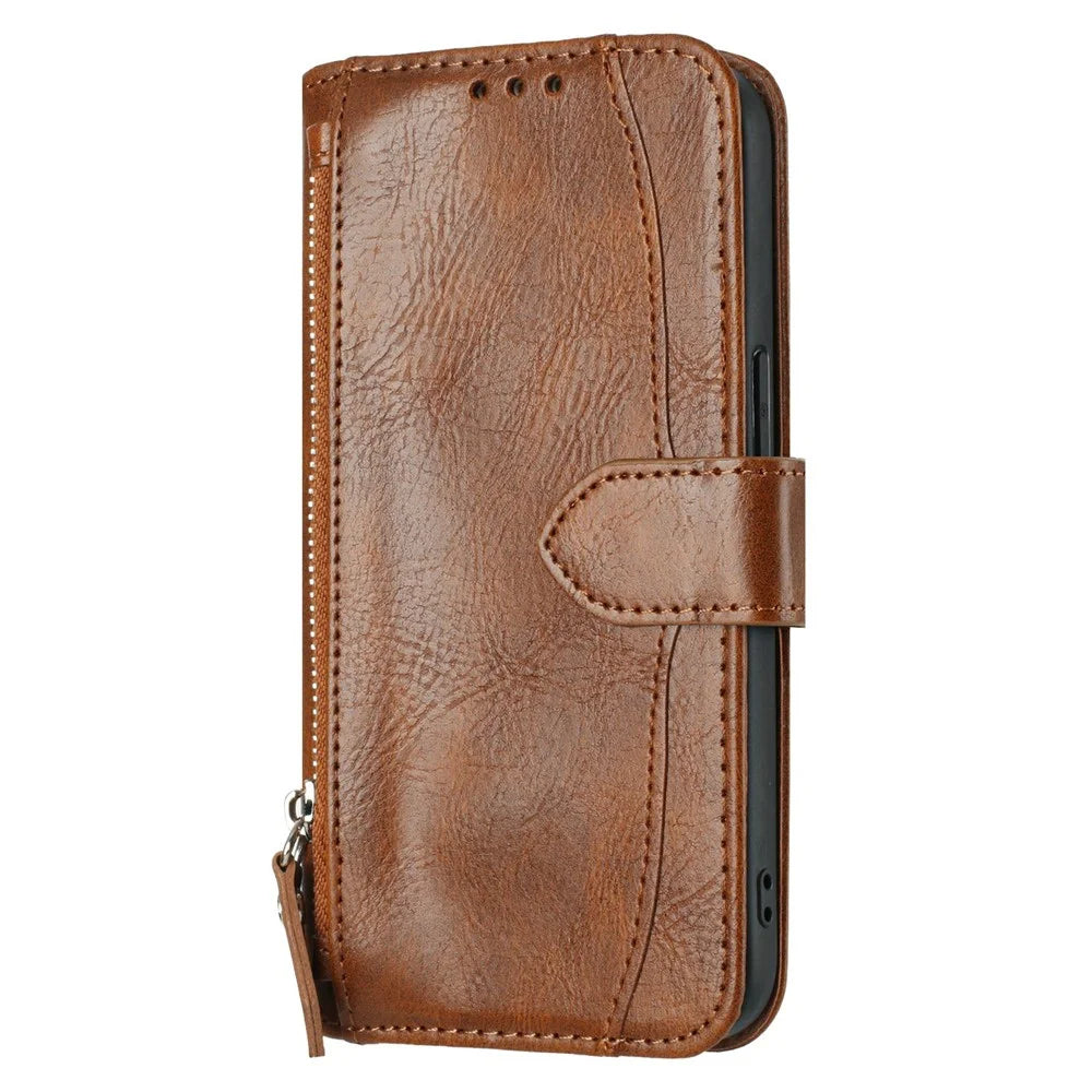 For Samsung Galaxy S25 FE Case Zipper Pocket Wallet Leather Phone Cover with Wrist Strap - Brown - 5