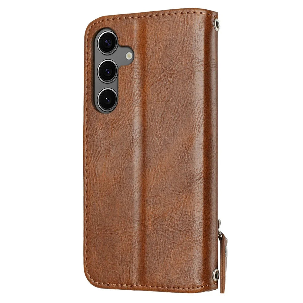 For Samsung Galaxy S25 FE Case Zipper Pocket Wallet Leather Phone Cover with Wrist Strap - Brown - 6