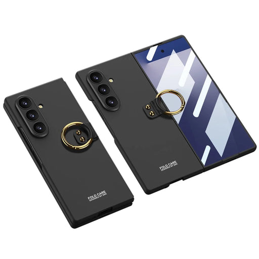 GKK For Samsung Galaxy Z Fold7 5G Case with Ring Holder Slim Hard PC Phone Cover with Tempered Glass Film - Black - 1