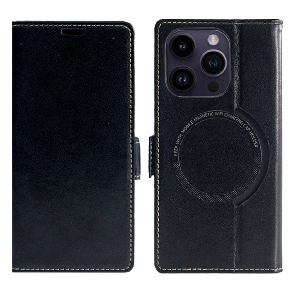For iPhone 16 Pro Max Case Compatible with MagSafe Wallet Stand Leather Flip Phone Cover - Black - 1