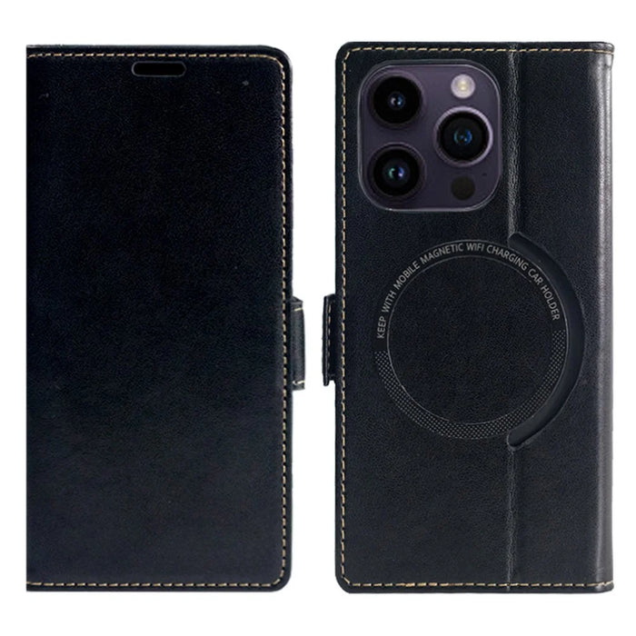 For iPhone 16 Pro Max Case Compatible with MagSafe Wallet Stand Leather Flip Phone Cover - Black - 1