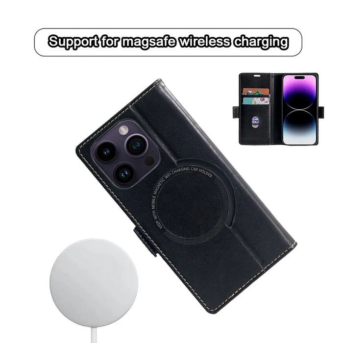 For iPhone 16 Pro Max Case Compatible with MagSafe Wallet Stand Leather Flip Phone Cover - Black - 3