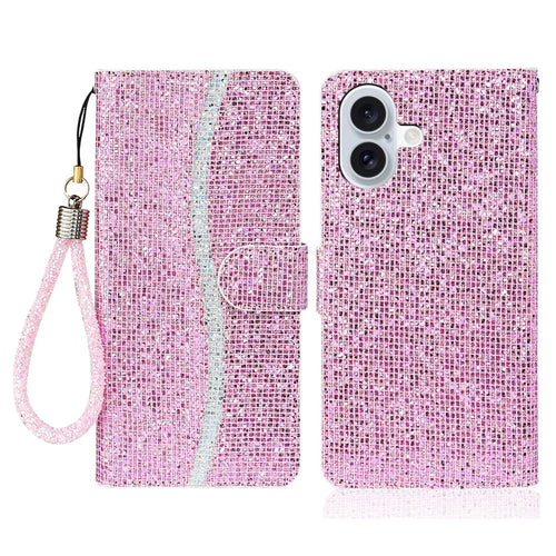 For iPhone 17 Case PU Leather Wallet Card Slots Glitter Phone Cover - Pink - 1