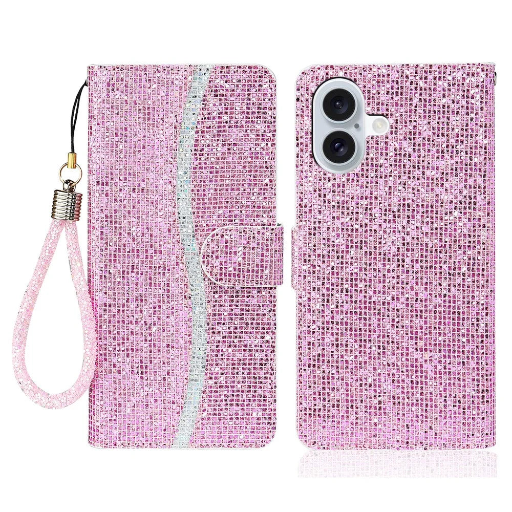 For iPhone 17 Case PU Leather Wallet Card Slots Glitter Phone Cover - Pink - 1