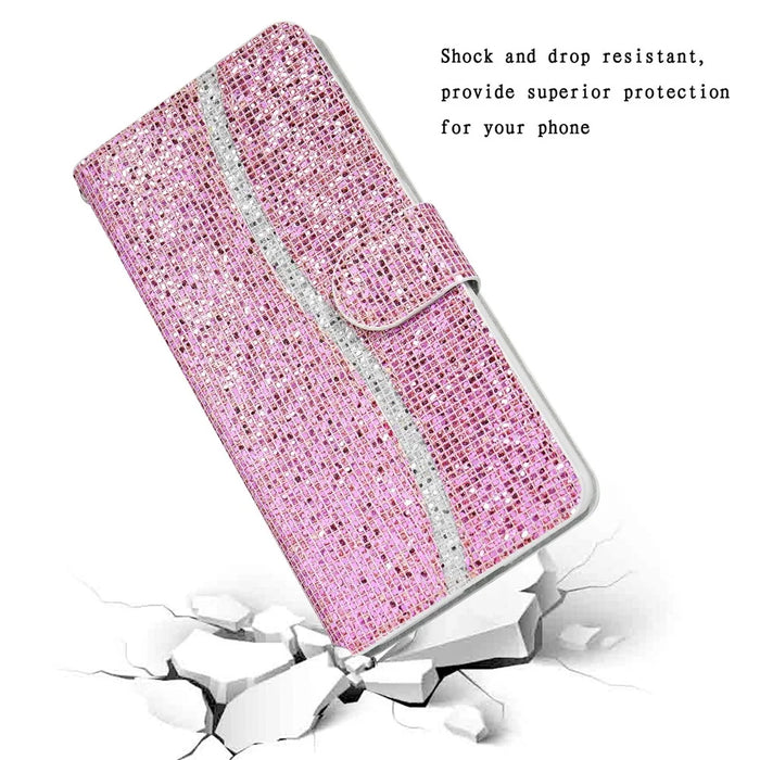 For iPhone 17 Case PU Leather Wallet Card Slots Glitter Phone Cover - Pink - 6