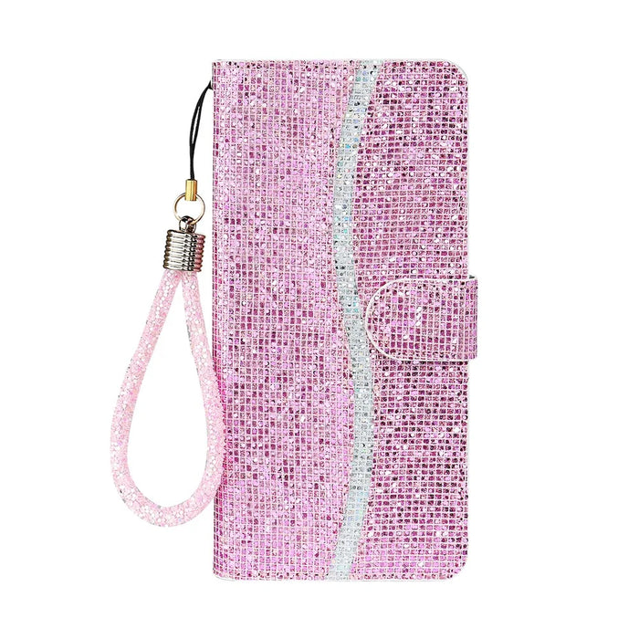 For iPhone 17 Case PU Leather Wallet Card Slots Glitter Phone Cover - Pink - 7