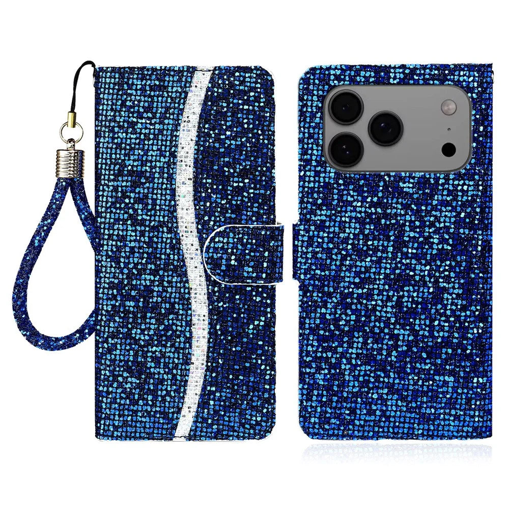 For iPhone 17 Pro Case PU Leather Wallet Card Slots Glitter Phone Cover - Blue - 1