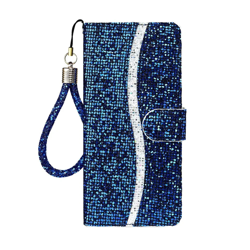 For iPhone 17 Pro Case PU Leather Wallet Card Slots Glitter Phone Cover - Blue - 7