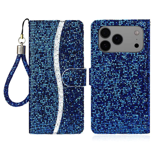 For iPhone 17 Pro Max Case PU Leather Wallet Card Slots Glitter Phone Cover - Blue - 1