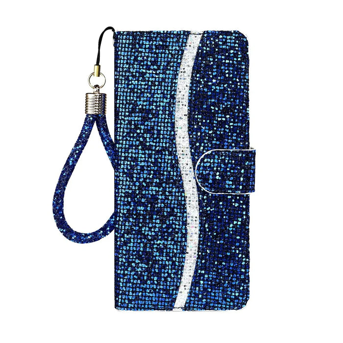 For iPhone 17 Pro Max Case PU Leather Wallet Card Slots Glitter Phone Cover - Blue - 7