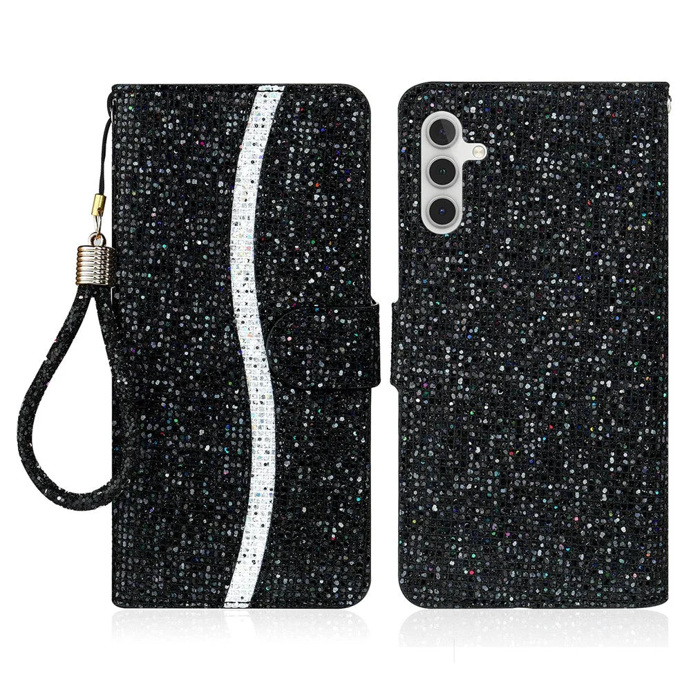 For Samsung Galaxy S25 FE Case PU Leather Wallet Card Slots Glitter Phone Cover - Black - 1